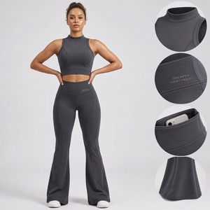 Womens Charcoal Gray Ribbed High Neck Yoga Set <b>Flare</b> <b>Leggings</b> Fitness <b>Gym</b> Workout Activewear Two Piece Sportswear - Product Image 2
