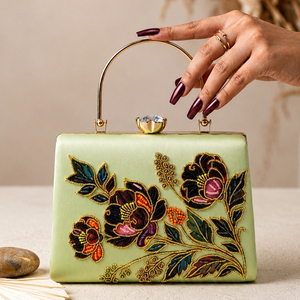 <b>Green</b> Floral Embroidered Designer Clutch Bag Elegant Evening <b>Purse</b> for Women Festive Wear - Product Image 1