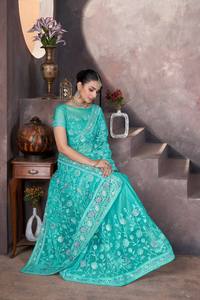 Conjunto de Blusa y Saree Tradicional Verde, de Secado Rápido, Largo hasta el Suelo, con Estampado Floral, Estilo Indio-Pakistaní, para Fiestas y Bodas - Product Image 2