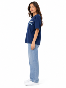 Camiseta gráfica azul marino de primera calidad para mujer, camiseta informal extragrande con estampado Stop And Think, camiseta de algodón con cuello redondo y manga corta - Product Image 3