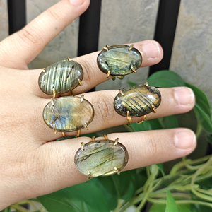 <b>Labradorite</b> Oval Shape Gemstone Brass <b>Ring</b> 18k Gold Plated Double Band Adjustable <b>Ring</b> Bohemian Style for Unisex Fashion Jewelry - Product Image 5