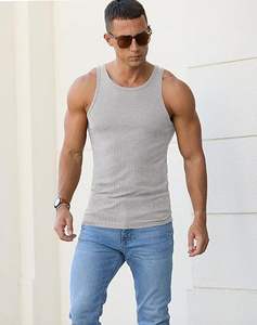 Camiseta sin mangas informal para hombre, de algodón elástico, transpirable, ajustada, acanalada, para gimnasio y entrenamiento. - Product Image 1