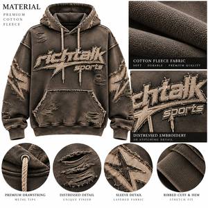 Sweat-shirt à capuche pour homme, coupe classique, en coton French Terry, style streetwear, effet vieilli, logo brodé, poche décorative, hiver - Product Image 6