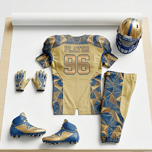 Conjunto de Uniforme de Fútbol Americano, Patrón Geométrico Dorado y Azul, Sublimado, Absorbente de Humedad, Ropa Deportiva Masculina para Todas las Temporadas - Product Image 1