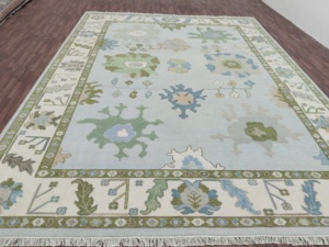 Tapis en laine noué à la main, tapis de style floral transitoire avec bordure verte, style nœuds persans, tapis pastel pour salon - Product Image 3