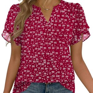 Custom Short <b>Flutter</b> <b>Sleeve</b> Women Chiffon <b>Top</b> Premium Lightweight Flowy Polyester Maroon Floral V Neck T-Shirts - Product Image 1