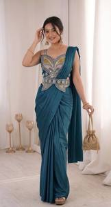 Sari en crêpe lourd brodé de sequins, tenue de mariée traditionnelle indienne et pakistanaise pour mariage et fête - Product Image 4