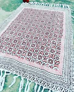 Floral Print <b>Indian</b> Handmade Hand Block Printed 100% Organic Cotton Eco-Friendly Soft <b>Throw</b> Modern Decorative Blanket Tassels - Product Image 5