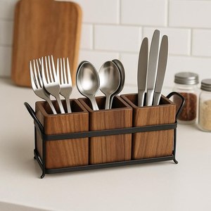 Porte-ustensiles en bois, support à couverts, organisateur de cuillères, fourchettes et couteaux, rangement pour comptoir de cuisine, support en bois rustique - Product Image 5
