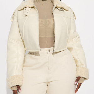 Chaqueta de Aviador para Mujer, Estilo Corto, de Cuero Sintético Blanco, con Ribete de Piel y Cierre de Cremallera, Personalizada al por Mayor - Product Image 3