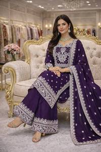 Ensemble Salwar Kameez en soie Fandy lourde, orné de pierres gaufrées violettes, pour femmes indiennes et pakistanaises, tenue de fête traditionnelle, robe de mariage - Product Image 5