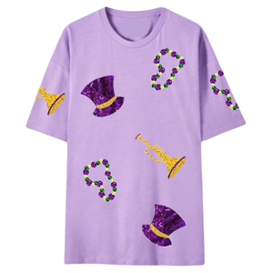 เสื้อยืดลายหน้ากากมาร์ดิกราส์ประดับเลื่อม สีม่วง แขนสั้น คอกลม สไตล์ลำลอง สำหรับผู้หญิง ฤดูใบไม้ผลิ ฤดูร้อน ผ้าฝ้ายเจอร์ซีย์ 100% พิมพ์ลายกลิตเตอร์ - Product Image 5