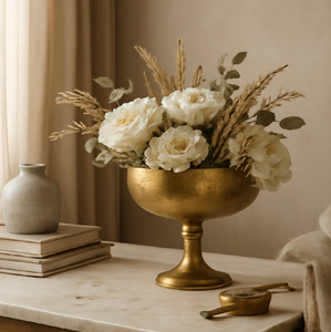 Jarrón cilíndrico cónico de latón con textura metálica martillada, lleno de rosas blancas, disponible a precios de mayorista. - Product Image 6