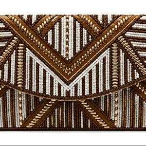 Gold & Brown Beaded Clutch | Handmade Geometric <b>Envelope</b> Bag | Elegant Evening PurseLuxury Beaded Clutch Gold & <b>White</b> - Product Image 1