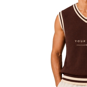 Gilet pull sans manches en maille pour homme, col en V, léger, décontracté, avec rayures contrastantes crème et marron chocolat, personnalisable avec logo - Product Image 3