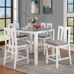Set da Pranzo da 5 Pezzi con Tavolo in Legno Massello Bianco e 4 Sedie in Tessuto di Lino Grigio con Cuscini per Sala da Pranzo - Product Image 1