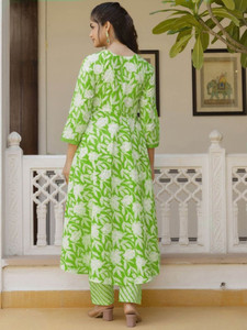 Green Floral Printed Cotton <b>Kurta</b> Set Regular Fit Knee-Length Traditional <b>Indian</b> Pakistani Wear Spring Summer Autumn Casual - Product Image 6