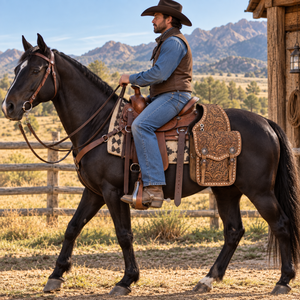 Sac de selle artisanal en cuir pour cheval |   Pochette de rangement équestre occidentale avec sangles et boucles sécurisées pour l'équitation en trail, le travail à la ferme et l'équipement de tack - Product Image 4