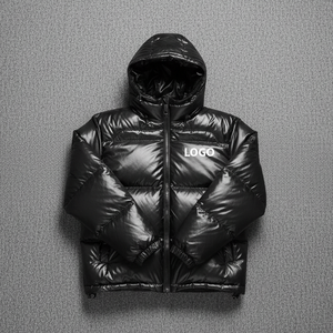 <b>Men's</b> Black Hooded Puffer <b>Jacket</b> Windproof Casual Winter Coat With Logo Front Zipper Closure Thick Polyester Fiber Filling - Product Image 3