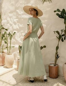 Vestido de Lino de Manga Corta con Bolsillos, Nuevo, Estilo Europeo Americano, Casual, Cuello en V, Largo hasta la Rodilla, con Botones - Product Image 5