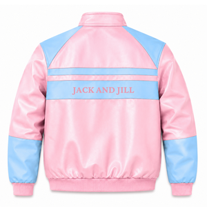 แจ็คเก็ตหนังแท้ Jack & Jill of America สีชมพูและฟ้า ปักโลโก้ สไตล์ลำลอง สำหรับทุกเพศ พร้อมซับในโพลีเอสเตอร์ - Product Image 3