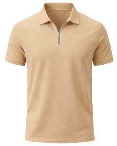 Camisa Polo de Algodón Caqui Personalizada para Hombre con Cuello de Media Cremallera, Corte Ajustado, Manga Corta, Ropa Casual de Verano, Fabricante OEM, Suministro al por Mayor - Product Image 1
