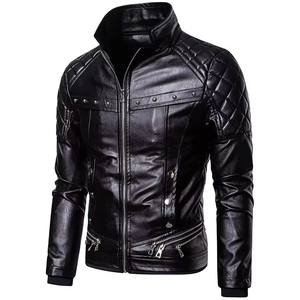 Chaqueta de Cuero Genuino para Hombre, Otoño Invierno, a Cuadros/Color Sólido, Resistente al Viento, Ecológica, Estilo Urbano, Cierre de Cremallera, Manga Larga - Product Image 4