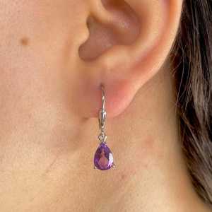 Amethyst Drop <b>Earrings</b> 925 Sterling Silver Platinum Plated Pear Cut Healing Gemstone Third Party Certified Dainty Gift for Her - Product Image 1