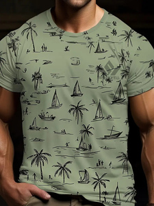Camiseta de Hombre Verde Oliva con Estampado de Palmeras y Veleros, Manga Corta, Cuello Redondo, Corte Regular, Informal, Tejida - Product Image 3