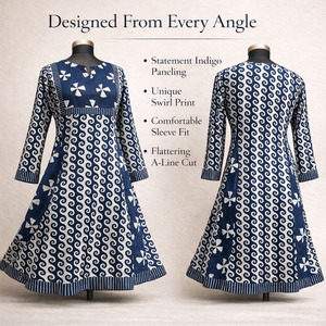เดรสผ้าอินดิโกพิมพ์ลายบล็อกด้วยมือคุณภาพระดับบูติก คอวีเล็ก แขนยาว ลายกอลีเกเธอร์ ชุดลำลองสำหรับผู้หญิง - Product Image 3