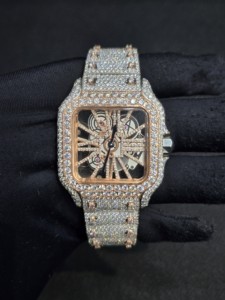 Reloj de Lujo con Incrustaciones de Moissanita VVS, Esqueleto, Acero Inoxidable, 20mm, Dos Tonos de Oro, Movimiento Mecánico, Caja Cuadrada, Números Romanos - Product Image 1
