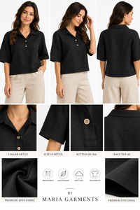 Women 100% <b>Linen</b> Cotton Collared Blouse Three Quarter Sleeve Casual Loose Fit Solid Woven Summer <b>Top</b> 2 Piece Long Set Wholesale - Product Image 5