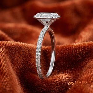 Moissanite Halo <b>Emerald</b> Cut <b>Ring</b> for Women <b>Silver</b> Tone Engagement Wedding Anniversary Luxury Jewelry Elegant Daily Wear - Product Image 5