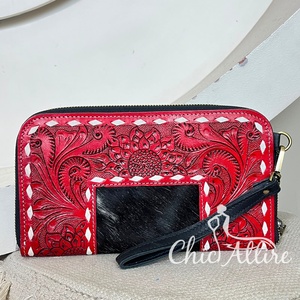 Premium Genuine Full Hand Tooled Cowhide Leather Zipper Western Long Wallet Sunflower Design Mini <b>Purse</b> for Women Daily Uses - Product Image 1