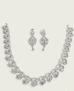 Artistic Curved Link Necklace American Diamond Jewelry <b>Set</b> With Pear Drop Motif & Matching Dangle Earrings For Special Occasions - Product Image 1