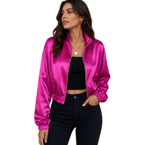 Womens Satin Bomber <b>Jacket</b> Hot Pink Cropped Zip Up Stand Collar Shiny Silky Lightweight Party Outerwear Custom - Product Image 1