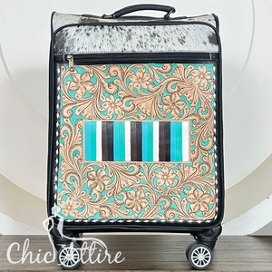 Fashionable Women's Handmade Tooled Floral Hair On Cowhide Leather Travel Suitcase Western Style Zipper Closure Rolling Luggage - Product Image 1