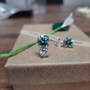 GRA Certified Round Cut <b>Blue</b> Green Color Moissanite <b>Studs</b> In Gold Plated 925 Silver Minimalist Fashion <b>Earrings</b> At Low Price - Product Image 5