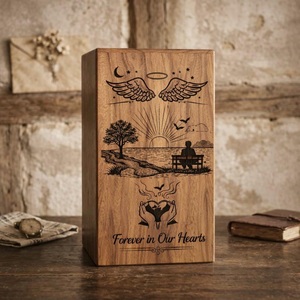 Urna de Madera Estilo Americano Hecha a Mano para Cenizas de Cremación - Árbol de la Vida y Alas de Ángel Grabadas, Ecológica y Personalizada - Product Image 1