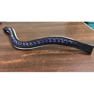 Diadema de cuero negro para caballo con diseño de ondas de cristal azul y pedrería elegante, accesorio de equitación en 4 tallas LLT - Product Image 2