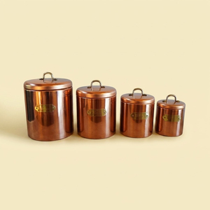 Juego de 4 recipientes de cocina vintage de cobre antiguo con asas de latón y placas de identificación, recipientes herméticos para almacenamiento de alimentos - Product Image 1