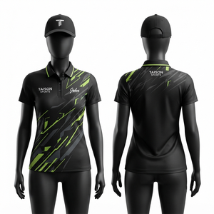 เสื้อโปโลกอล์ฟผู้หญิง ผ้าโพลีเอสเตอร์พรีเมียม 160 GSM ระบายอากาศ แห้งเร็ว สีดำ สีเขียวมะนาว พิมพ์ลายแบบ Sublimation สกรีนโลโก้ตามสั่ง - Product Image 1