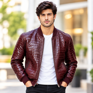 Blouson Bomber en Cuir Gaufré Bordeaux Respirant pour Homme avec Fermeture Éclair Premium et Coupe Moderne - Product Image 5