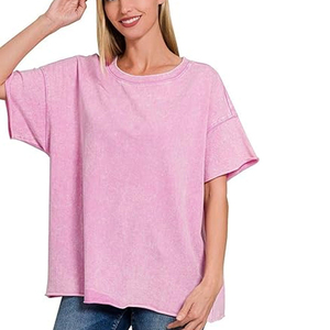 เสื้อยืดผู้หญิงไซส์ใหญ่ ล้างสีแบบแอซิดวอช โลโก้ OEM ตามสั่ง ผ้าฝ้าย 100% แขนสั้น ระบายอากาศ แห้งเร็ว สำหรับฤดูร้อน ขายส่ง - Product Image 2