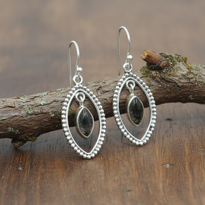 ต่างหูเงินแท้ 925 ประดับควอตซ์สีดำรูทิเลเต็ด งานแฮนด์เมด สไตล์โบโฮ ต่างหูห้อยประดับอัญมณี ของขวัญคริสต์มาสสำหรับเธอ - Product Image 1