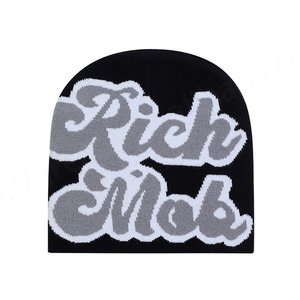 หมวกบีนนี่ถักสไตล์อเมริกันราคาถูก สกรีนโลโก้สตรีทแวร์ หมวกกันหนาวสีดำแดง ราคาประหยัด ทันสมัย - Product Image 2