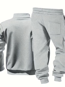 Men's Light Gray Quarter-Zip Sweatshirt Set Solid Color French Terry Cargo Pants Casual Autumn Wear - Product Image 4