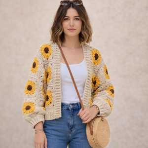 Cardigan en crochet fait main motif tournesol - Pull floral bohème, coton écologique, mode confortable pour le printemps - Product Image 1