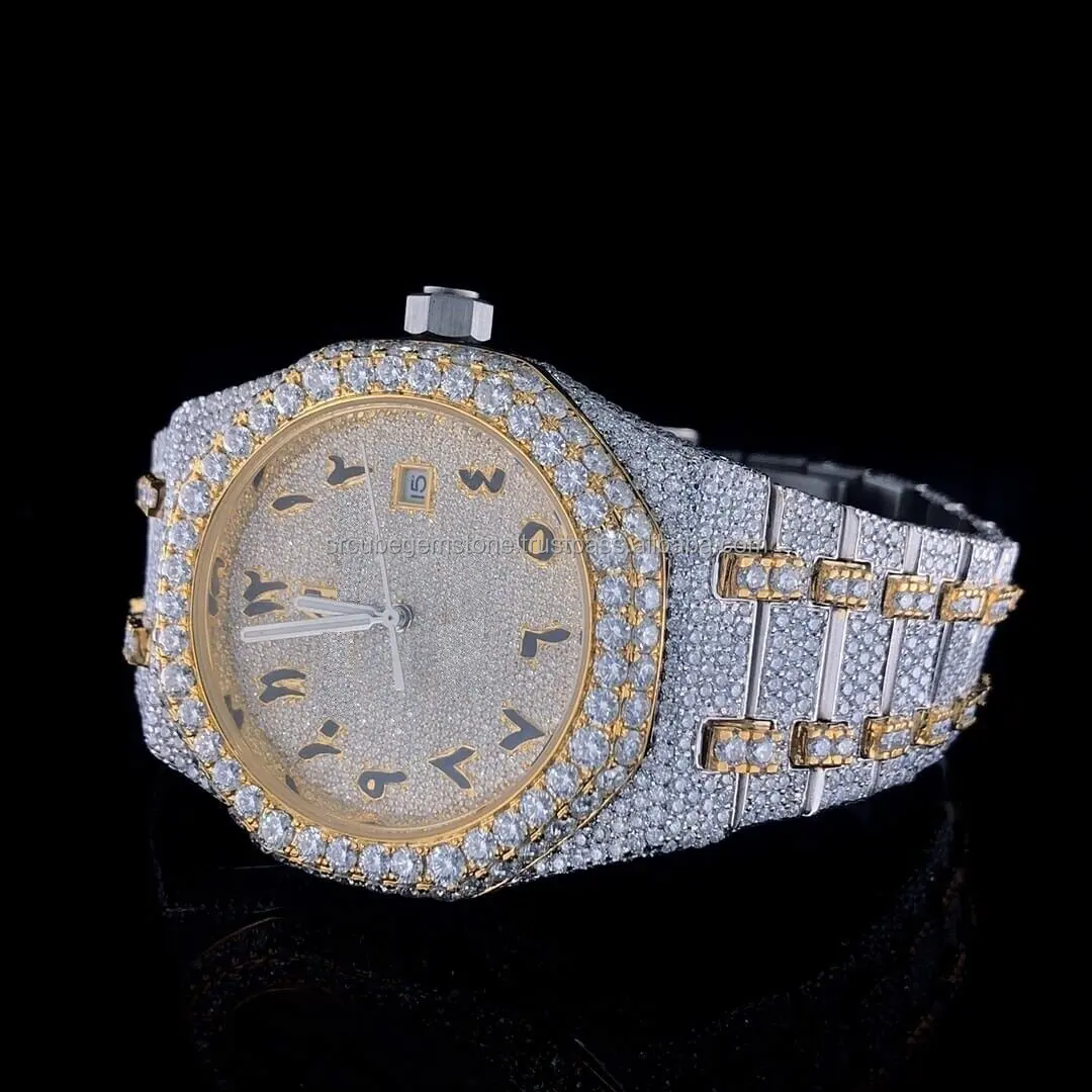 Arabische Wijzerplaat Premium Kwaliteit Antiek Iced Out Vvvs Helderheid Moissaniet Studs Diamant Horloge Luxe Rvs Horloge Voor Heren