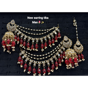 Bridal Ethnic Chandelier Drop Earrings Claw Setting Pearl Chain Matching Maang Tikka Alloy Gold Plated Vintage Traditional - Product Image 1